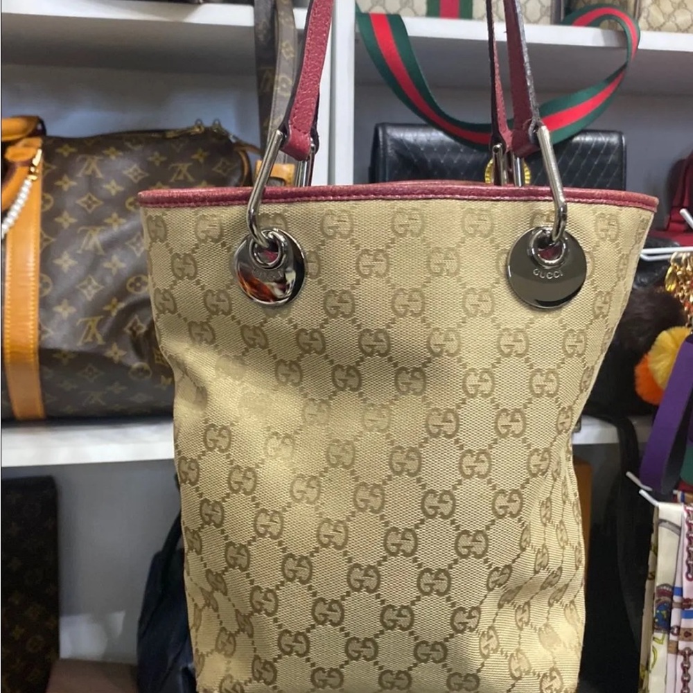 Gucci Beige and Burgundy Tote Bag